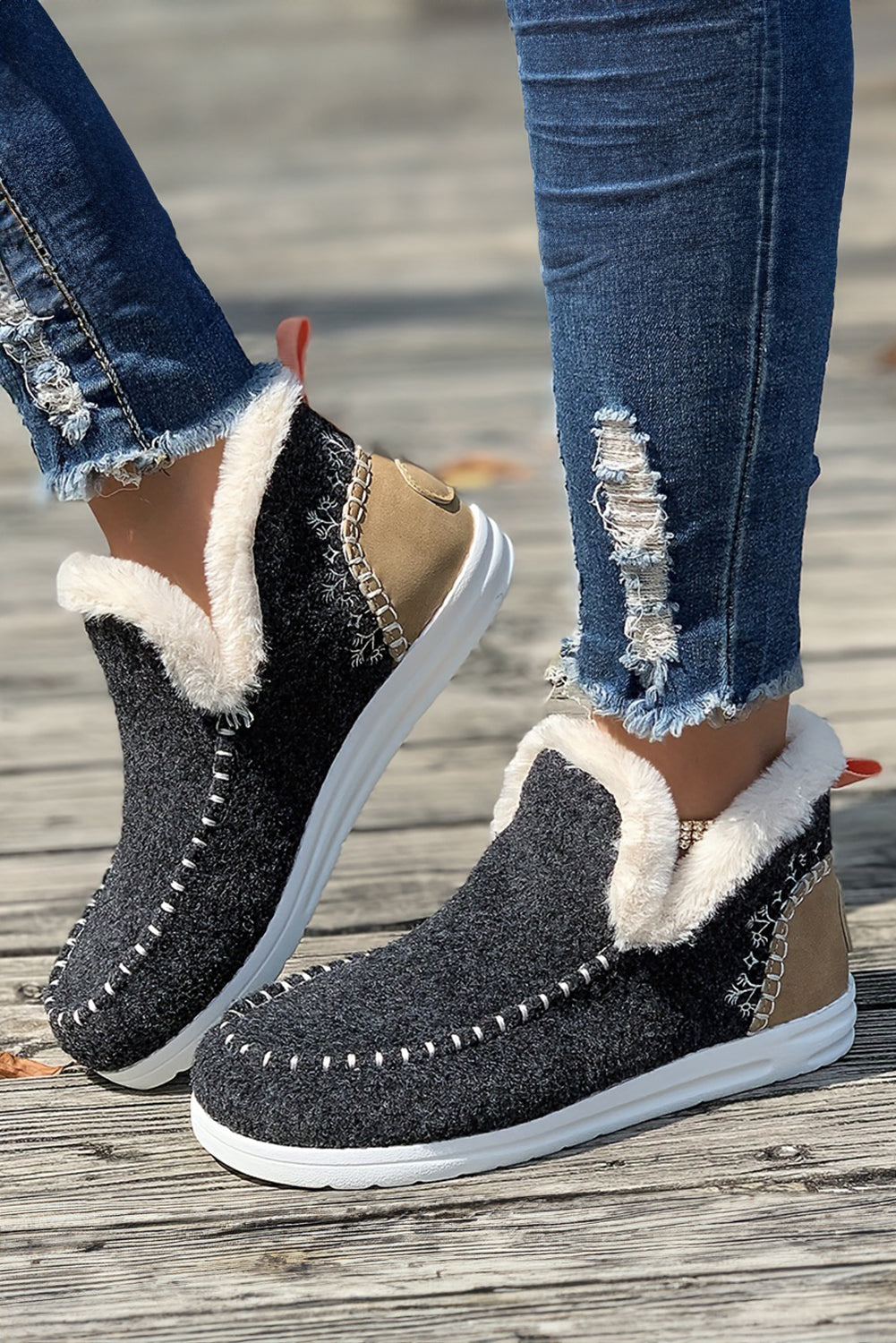 Carbon Grey Suede Patchwork Plush Lined Ankle Boots