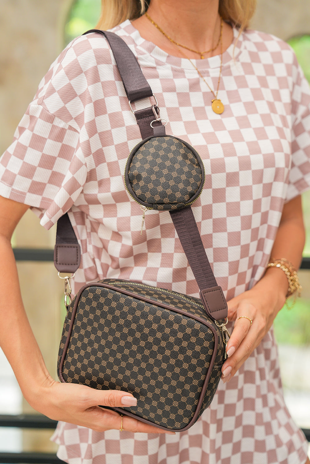Coffee PU Leather Geometric Shoulder Bag with Wallet