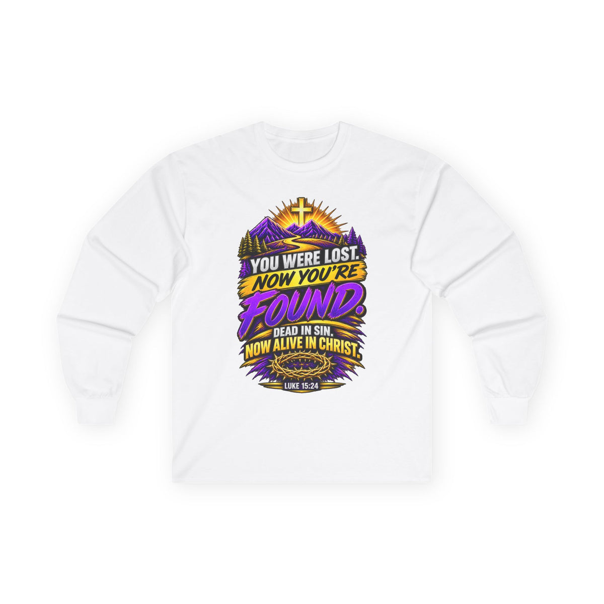 Long Sleeve Tee — "Found" Christian Faith Design (Acts 4:12)