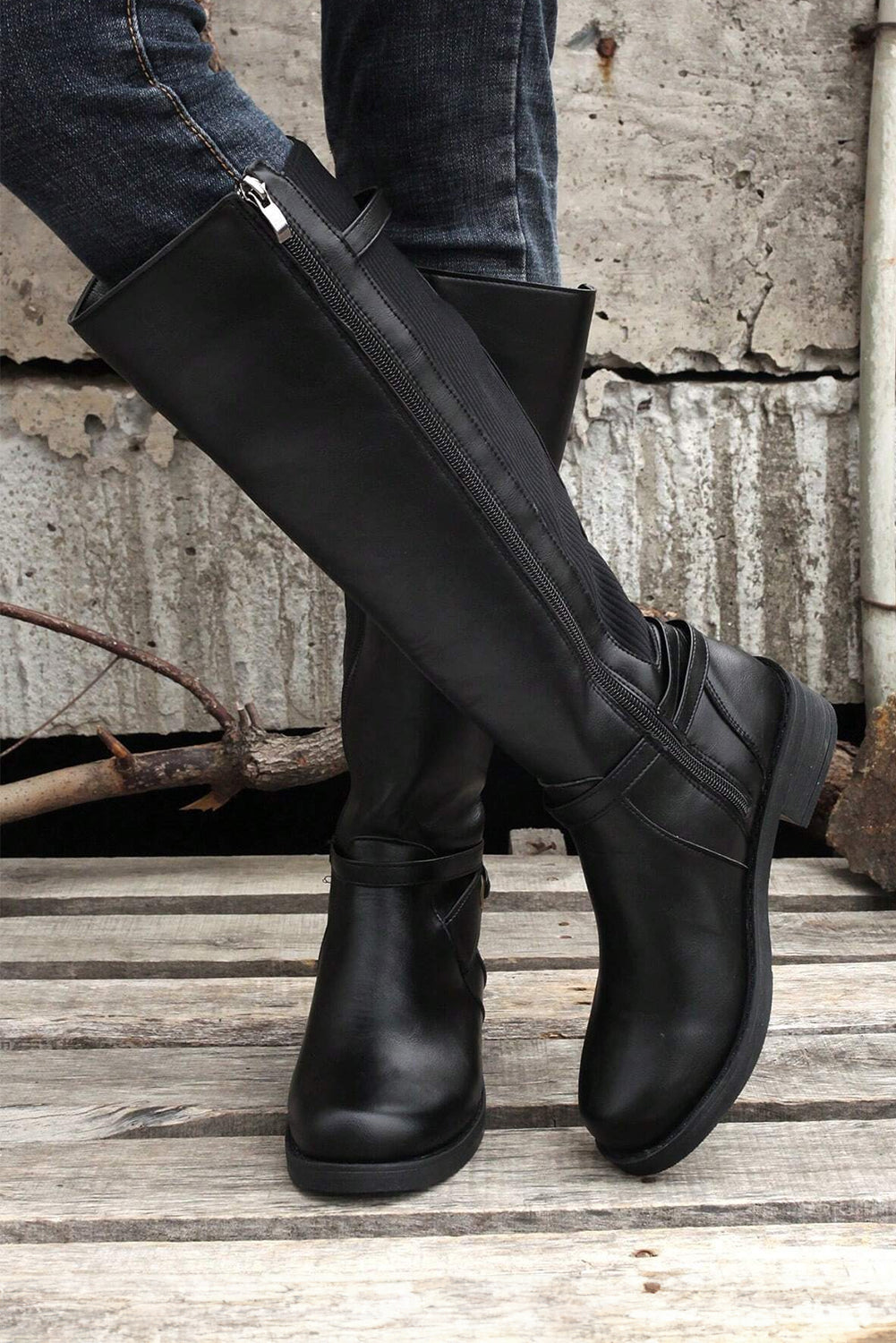 Black Side Zipper Knee-High Chunky Heel Boots