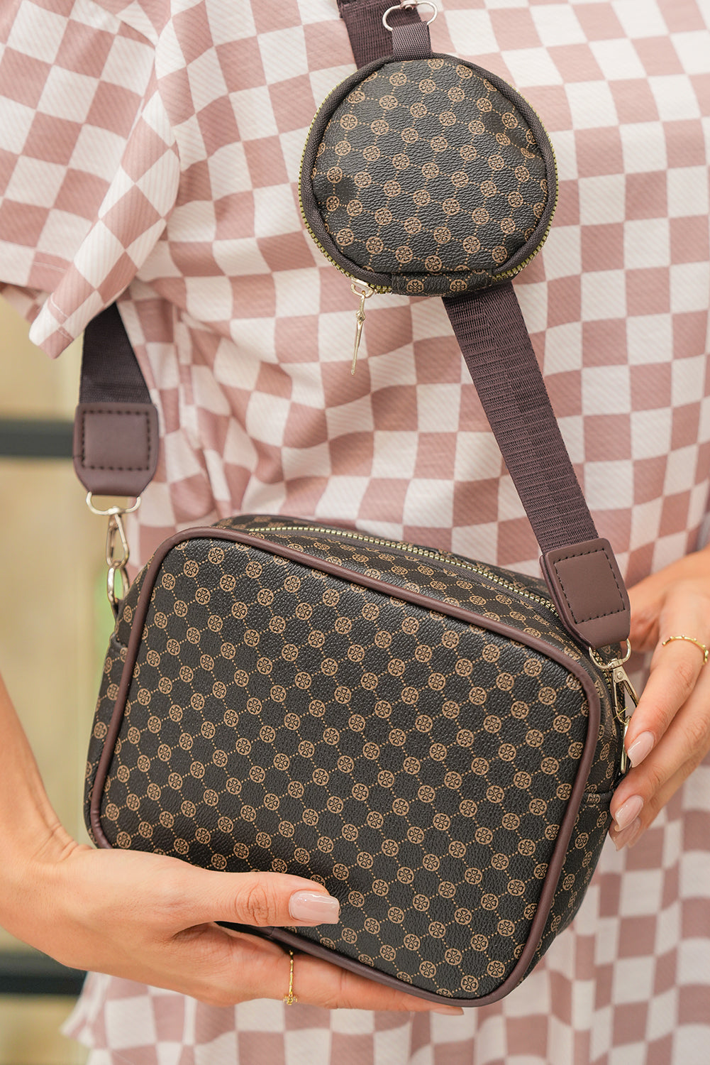 Coffee PU Leather Geometric Shoulder Bag with Wallet