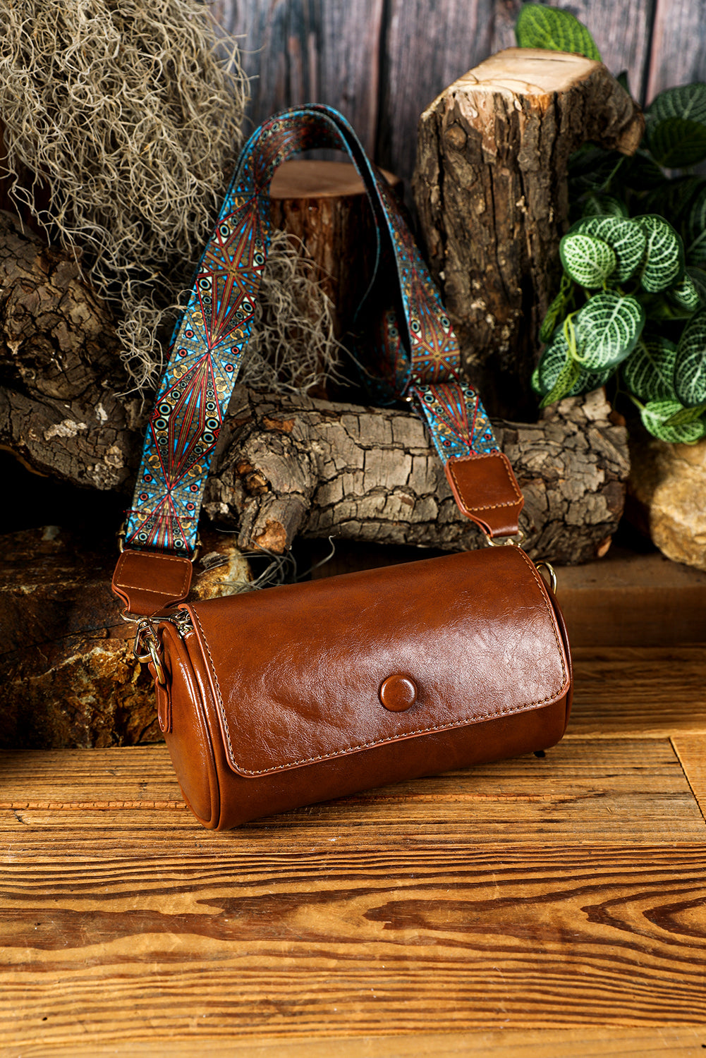 Chestnut PU Leather Flap Shoulder Bag with Retro Wide Strap