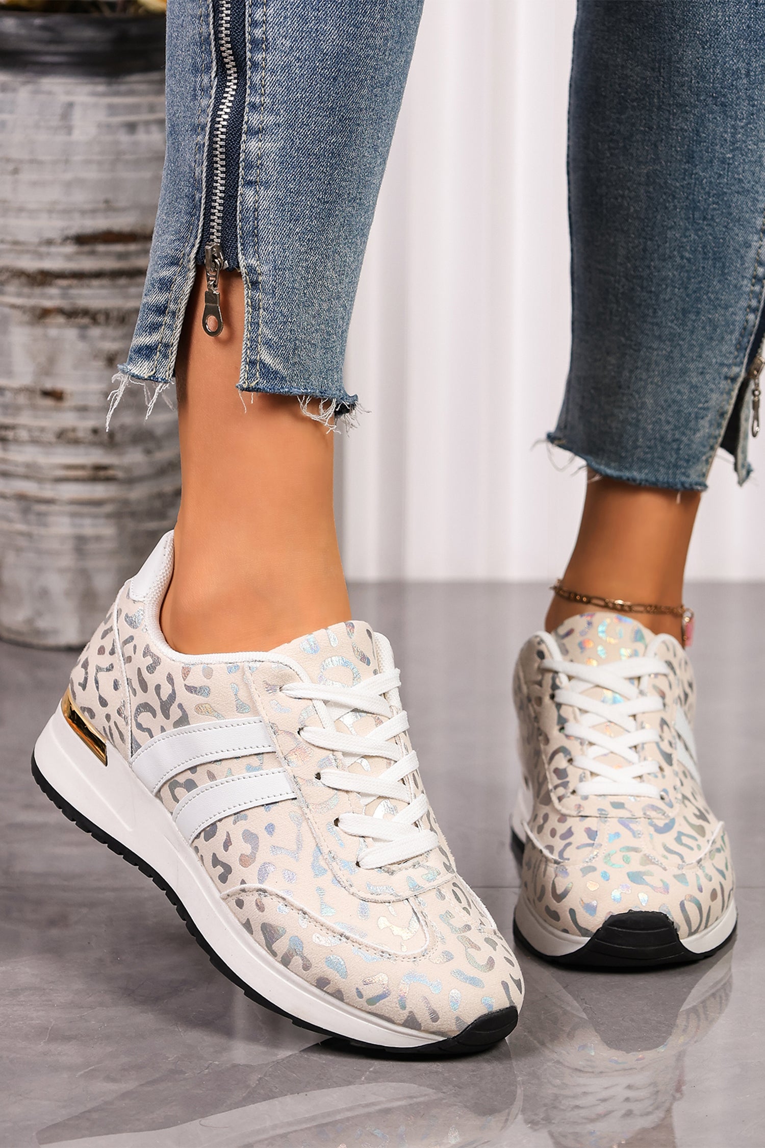 White Leopard Print Low-Top Sneakers
