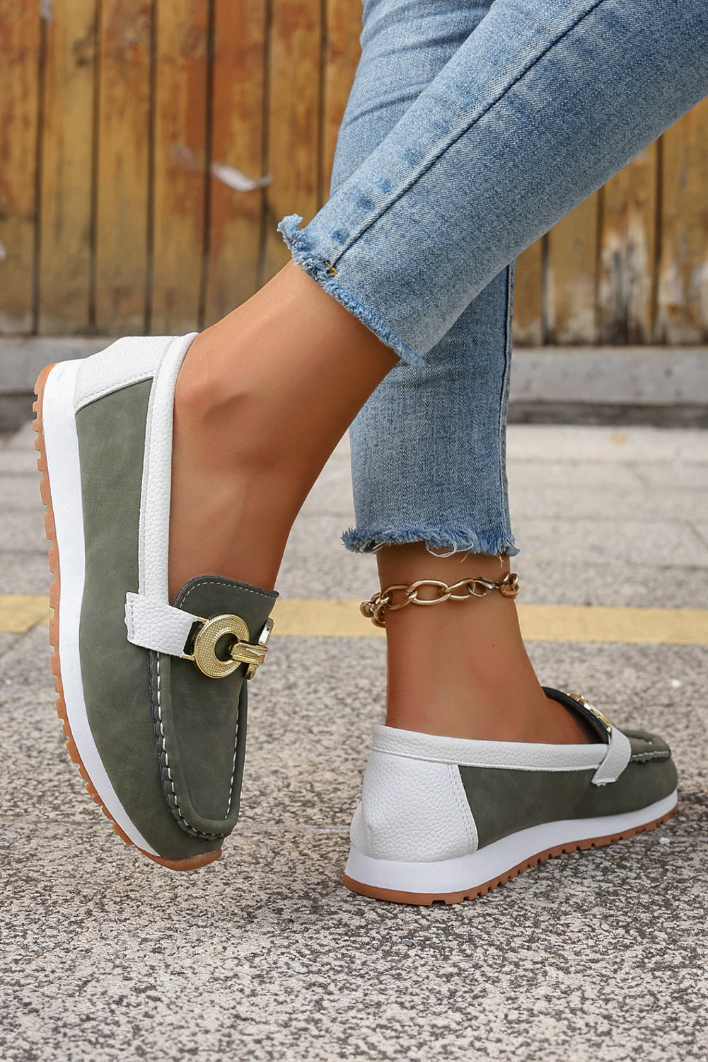 Dark Green Metal Ring Thick Sole Slip-On Loafers