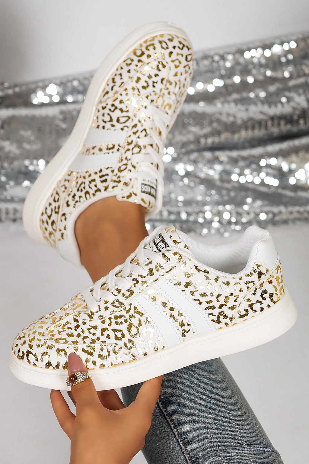 White Leopard Print Lace-Up Casual Shoes