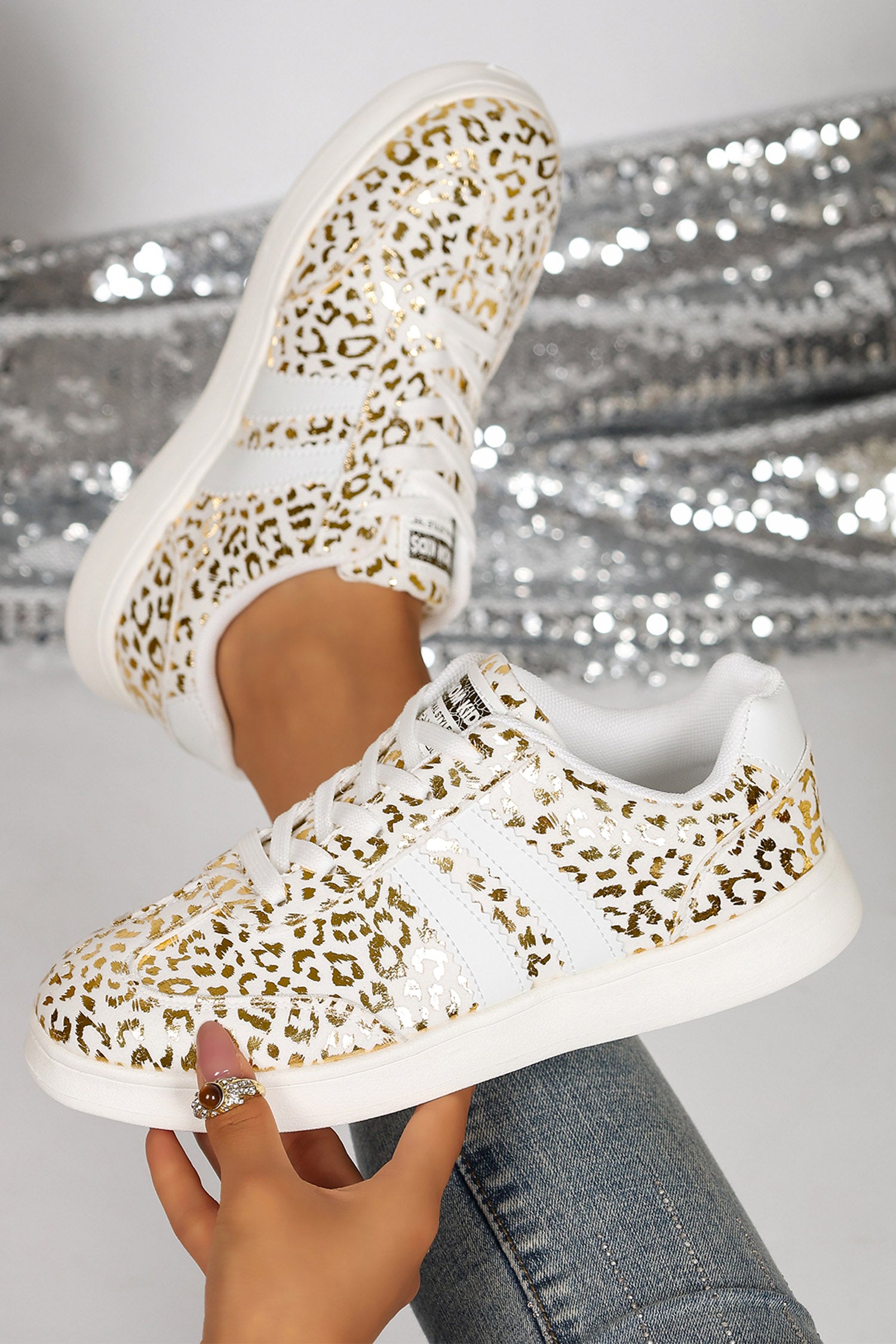 White Leopard Print Lace-Up Casual Shoes