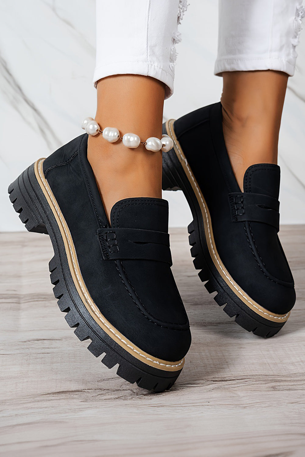 Black Faux Suede Chunky Slip-On Loafers