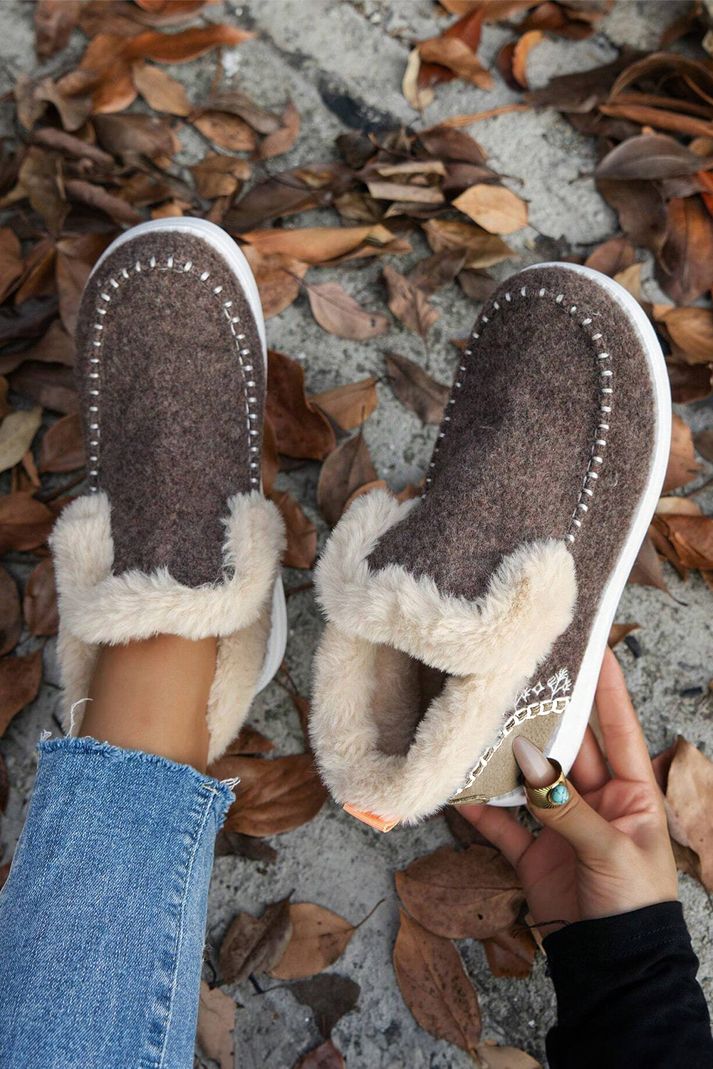 Carbon Grey Suede Patchwork Plush Lined Ankle Boots