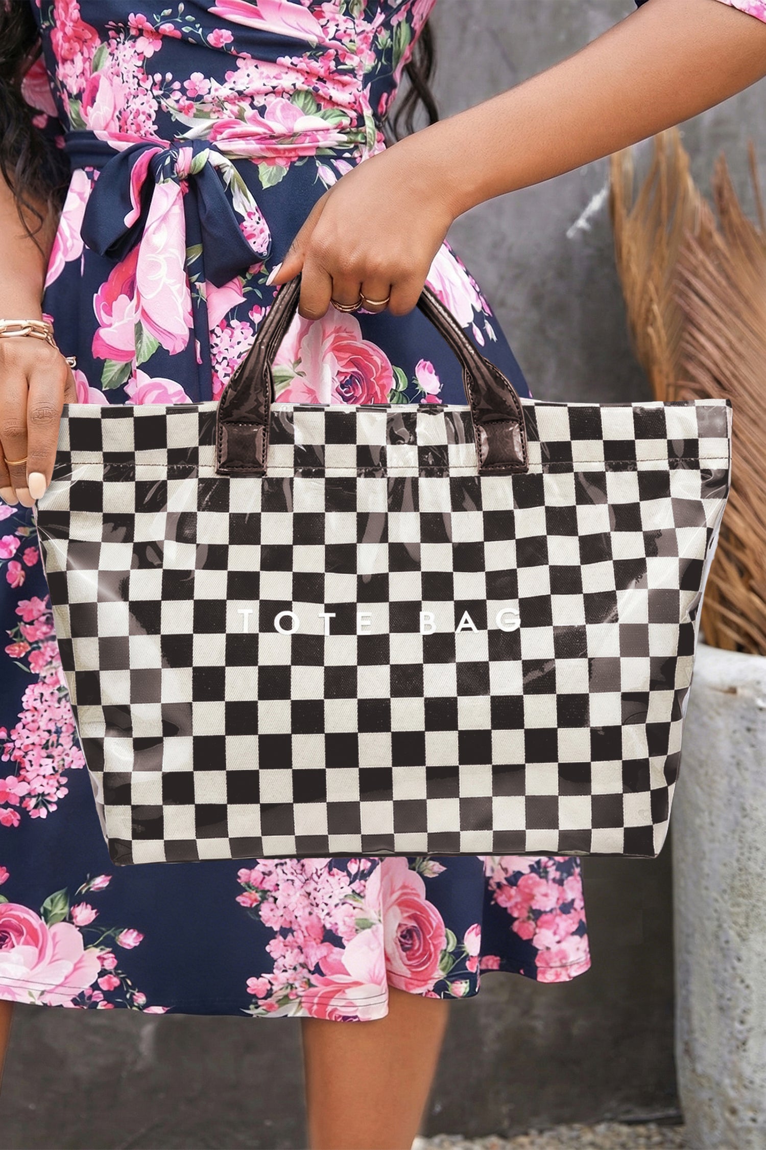 Black Checkered Glossy PU Leather Tote Bag