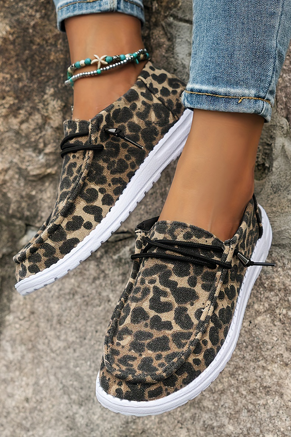 Coffee Leopard Print Canvas Lace-Up Shoes