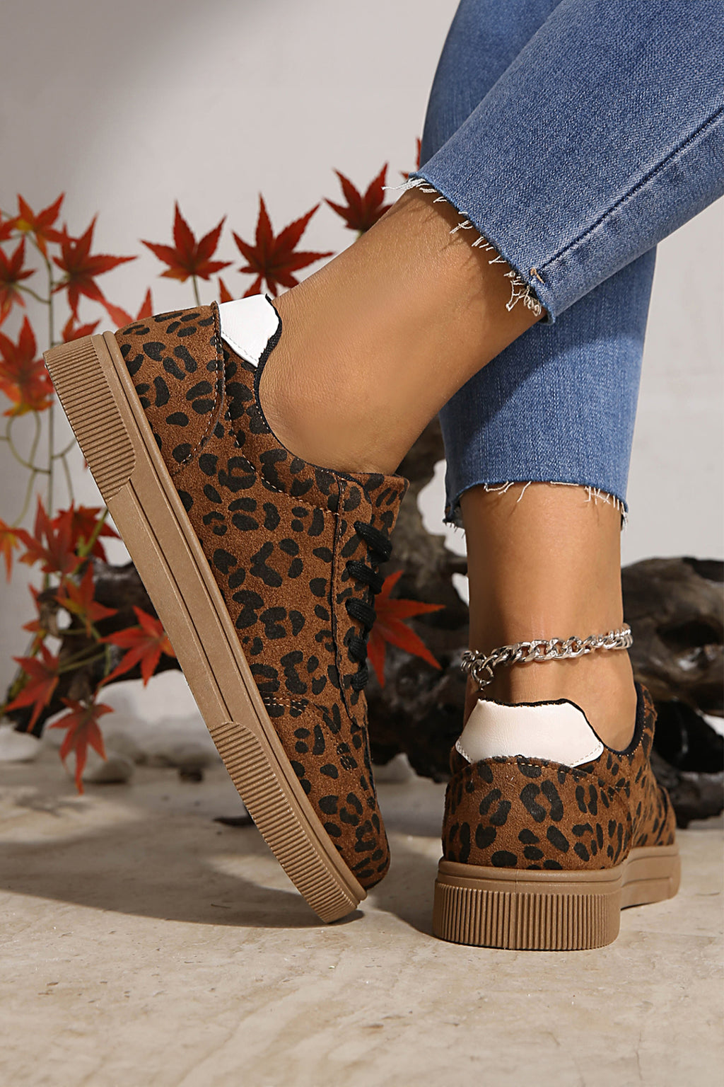 Coffee Leopard Print Contrast Lace-Up Shoes