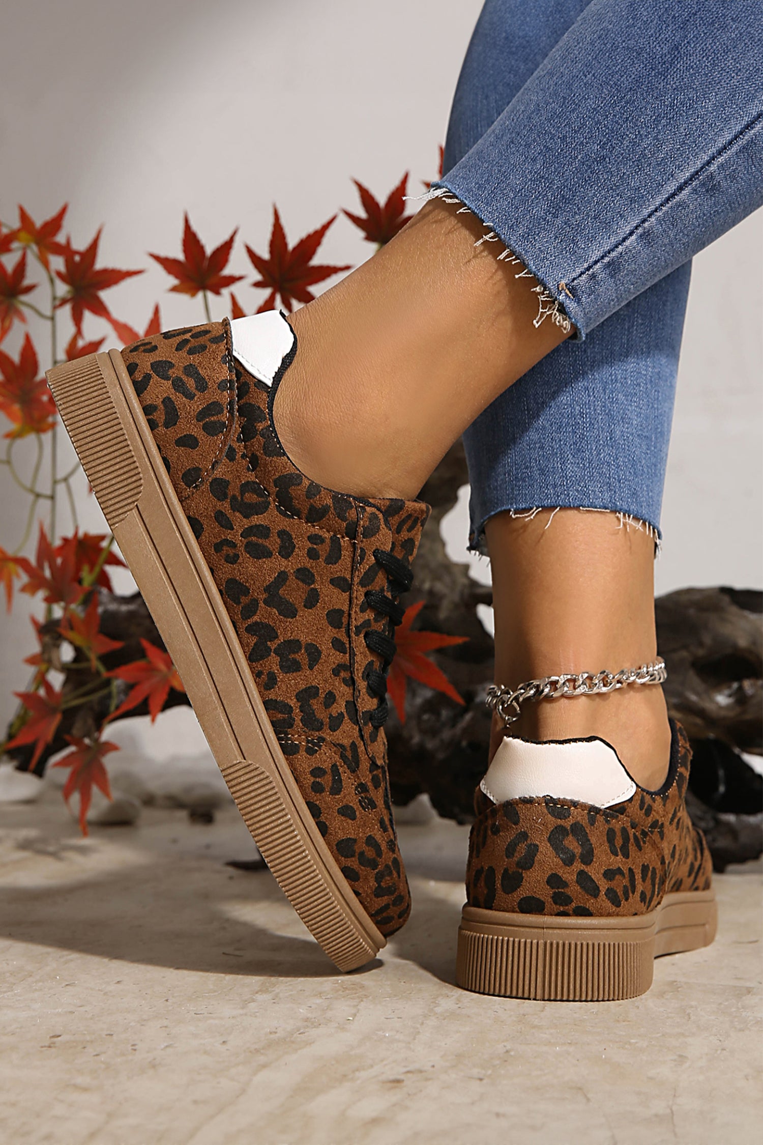 Coffee Leopard Print Contrast Lace-Up Shoes