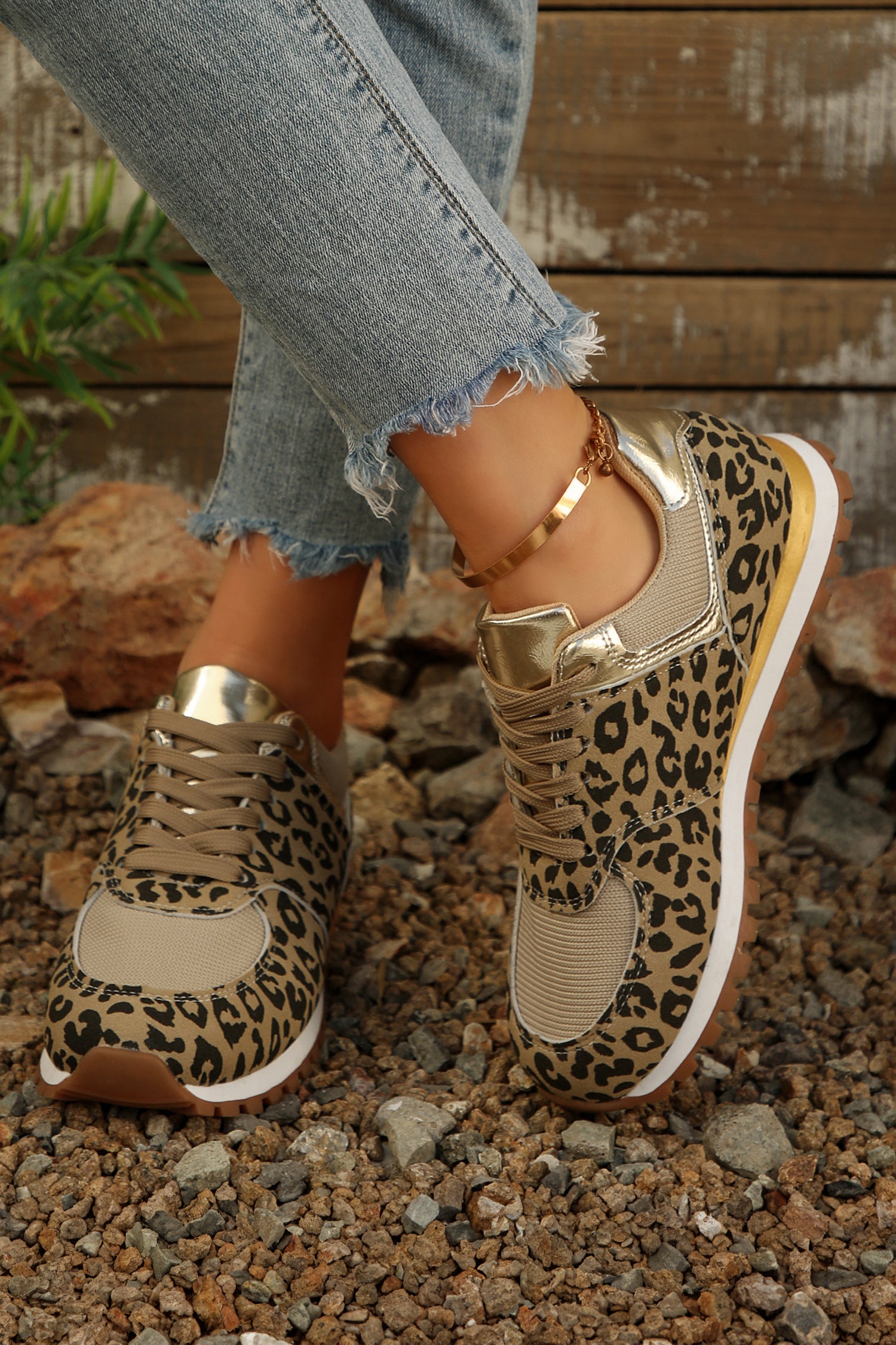Coffee Leopard Faux Suede Patchwork Lace-Up Sneakers