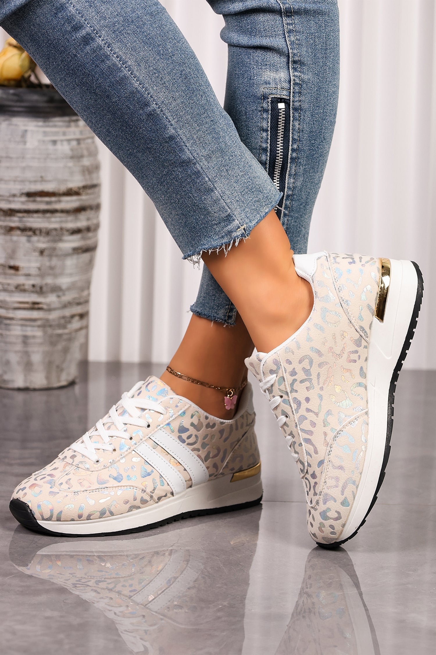 White Leopard Print Low-Top Sneakers