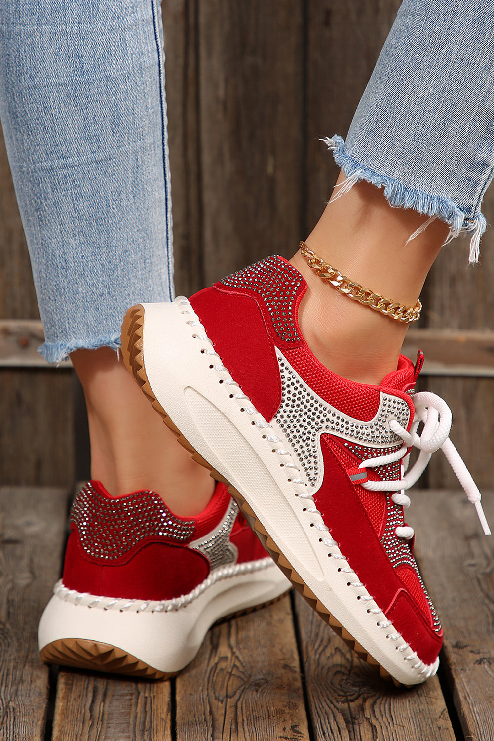 White Rhinestone Color Block Lace-Up Breathable Sneakers