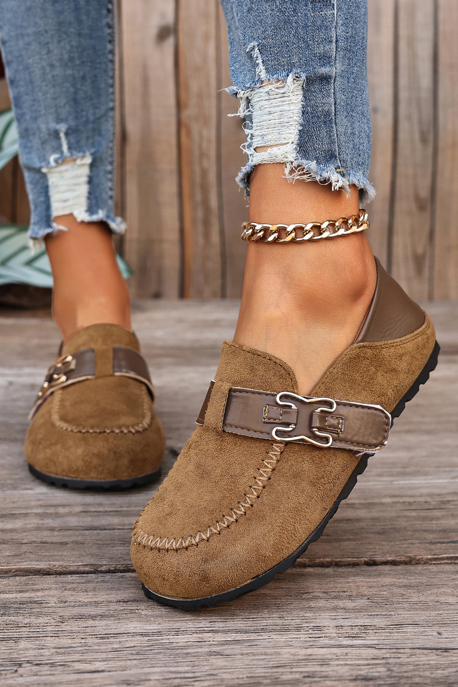 Khaki Faux Suede Retro Buckle Slip-On Shoes