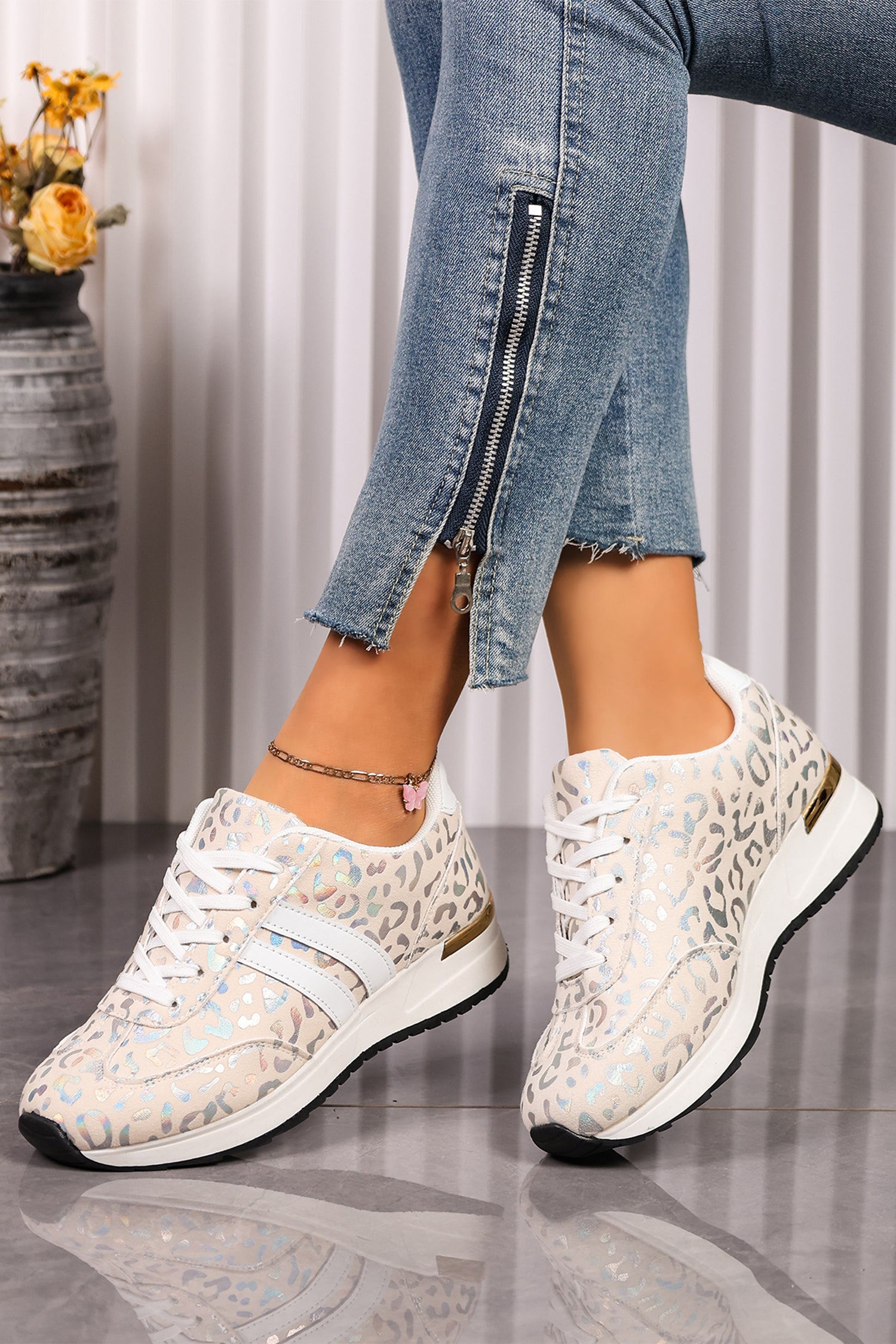 White Leopard Print Low-Top Sneakers