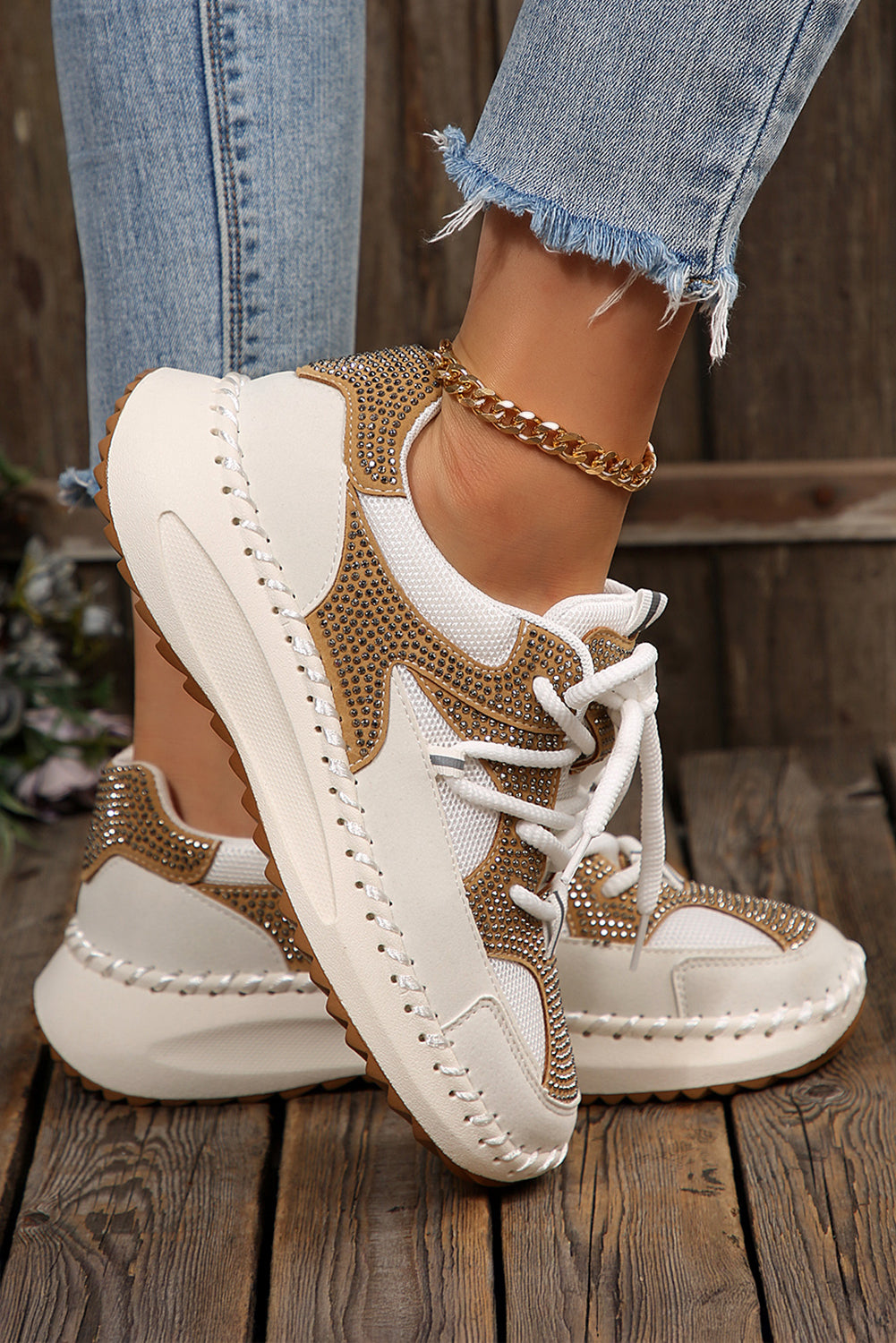 White Rhinestone Color Block Lace-Up Breathable Sneakers