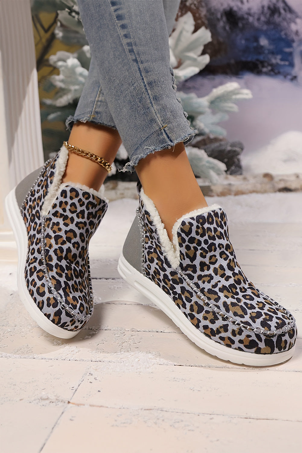 Dark Grey Leopard Print Ankle Fur Winter Boots