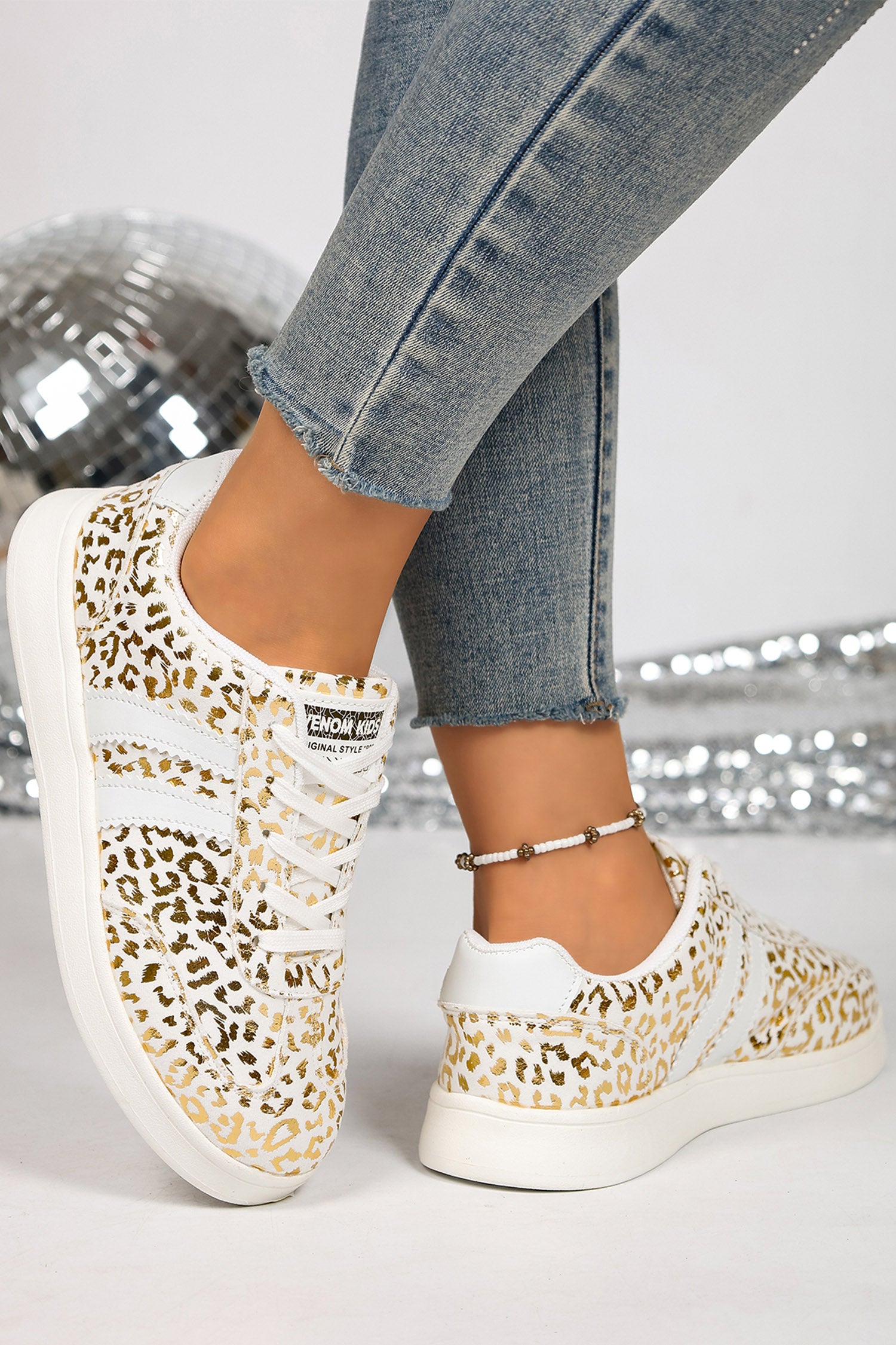 White Leopard Print Lace-Up Casual Shoes