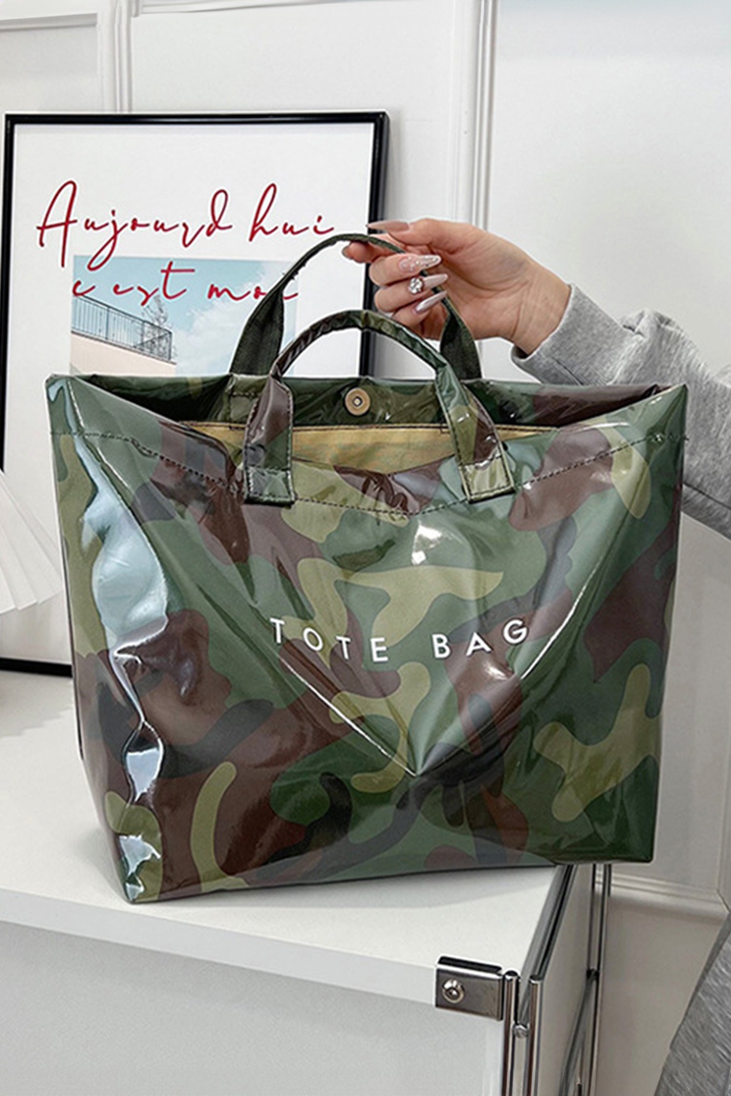 Black Checkered Glossy PU Leather Tote Bag