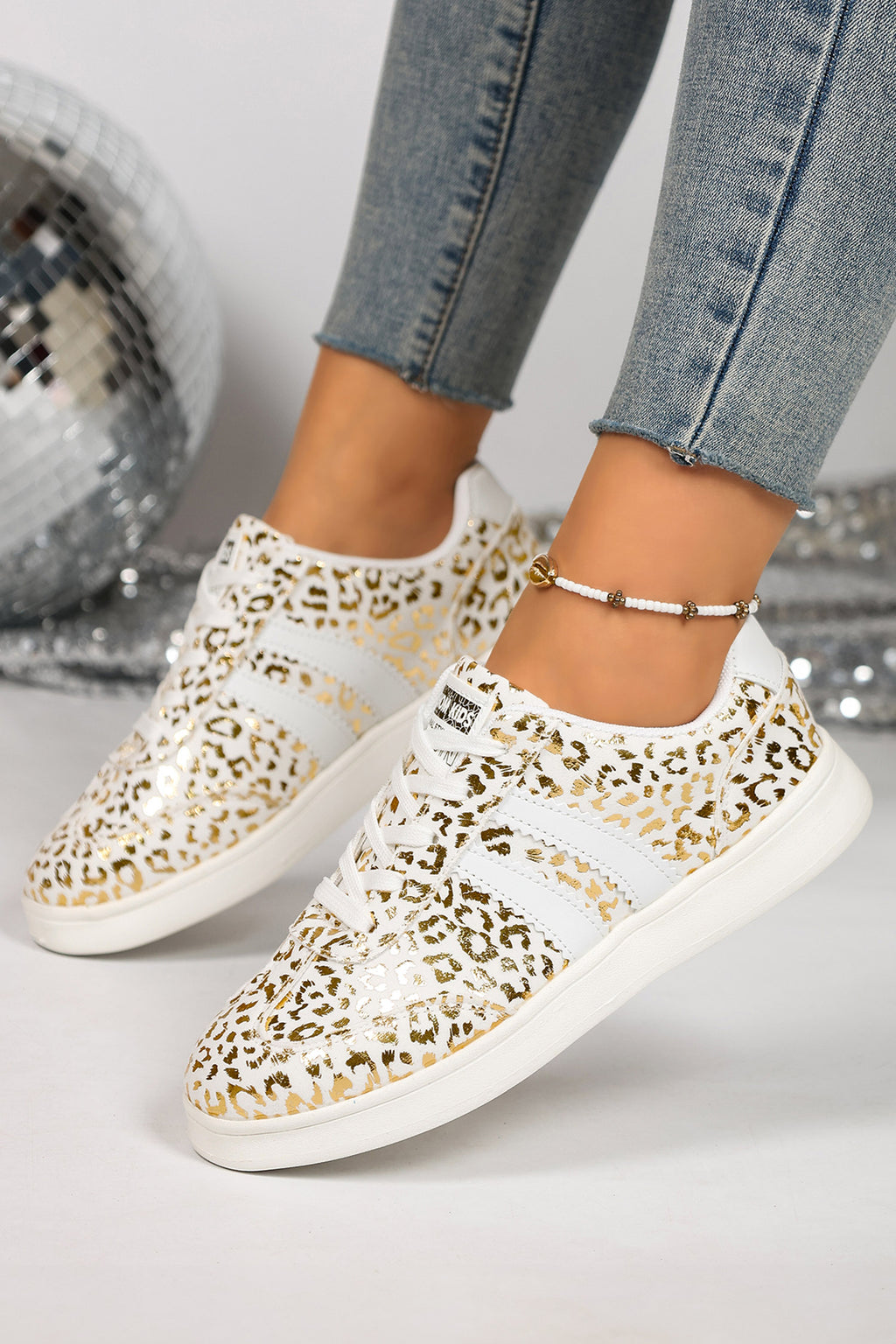 White Leopard Print Lace-Up Casual Shoes