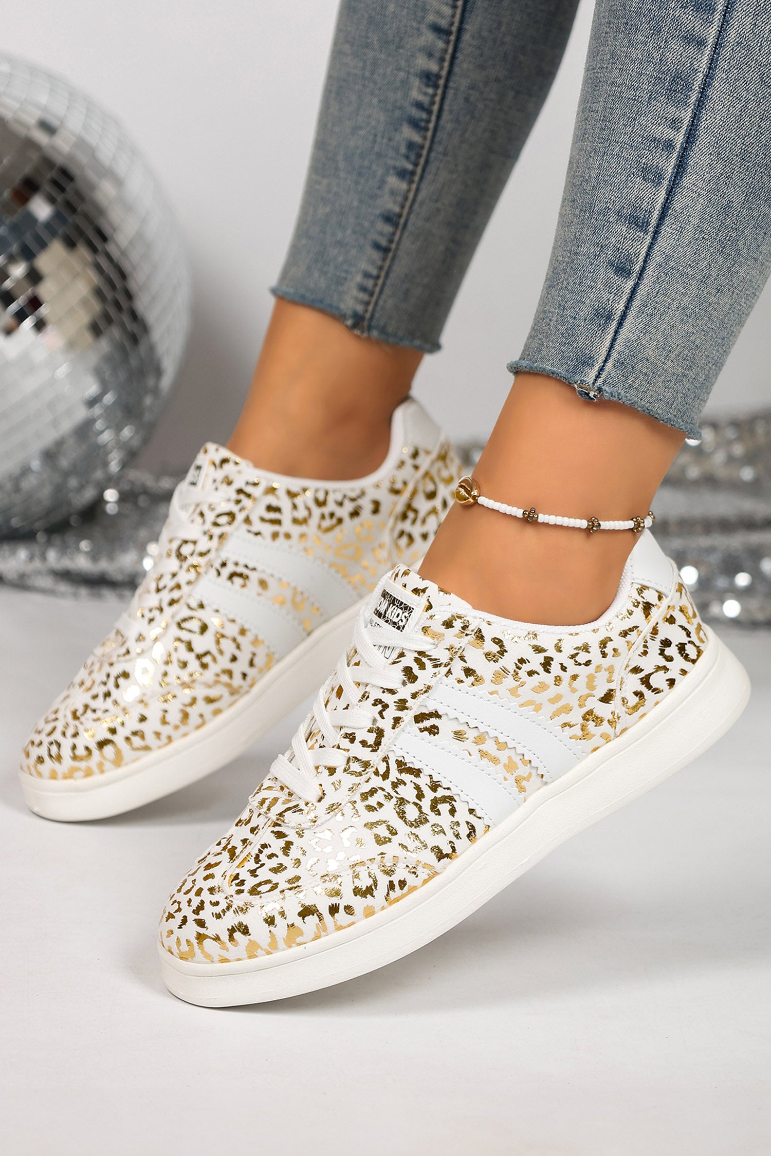 White Leopard Print Lace-Up Casual Shoes