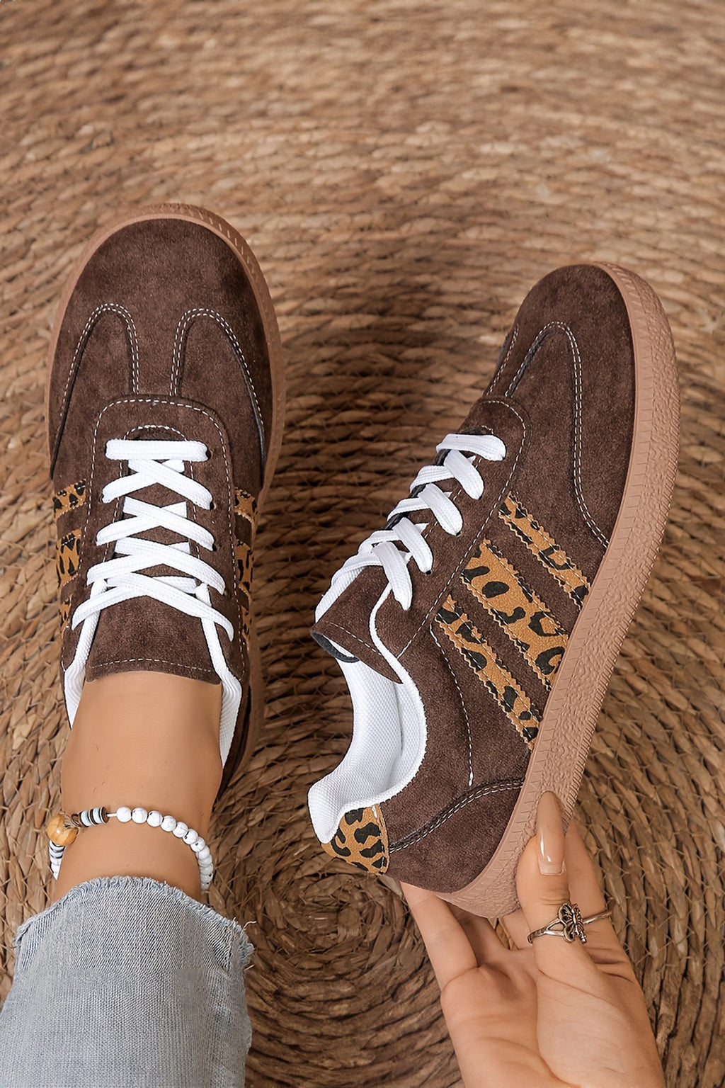 Coffee Leopard Patchwork Faux Suede Lace-Up Shoes