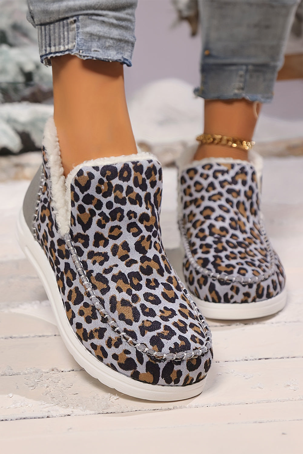 Dark Grey Leopard Print Ankle Fur Winter Boots