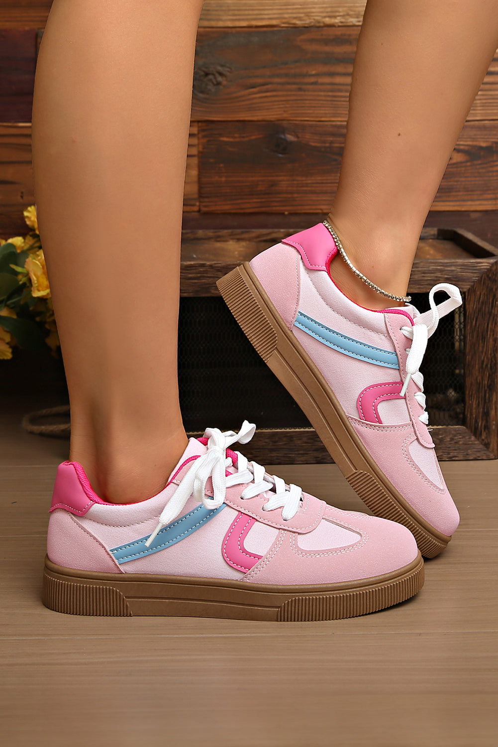 Rose Red Color Block Lace-Up Flat Shoes
