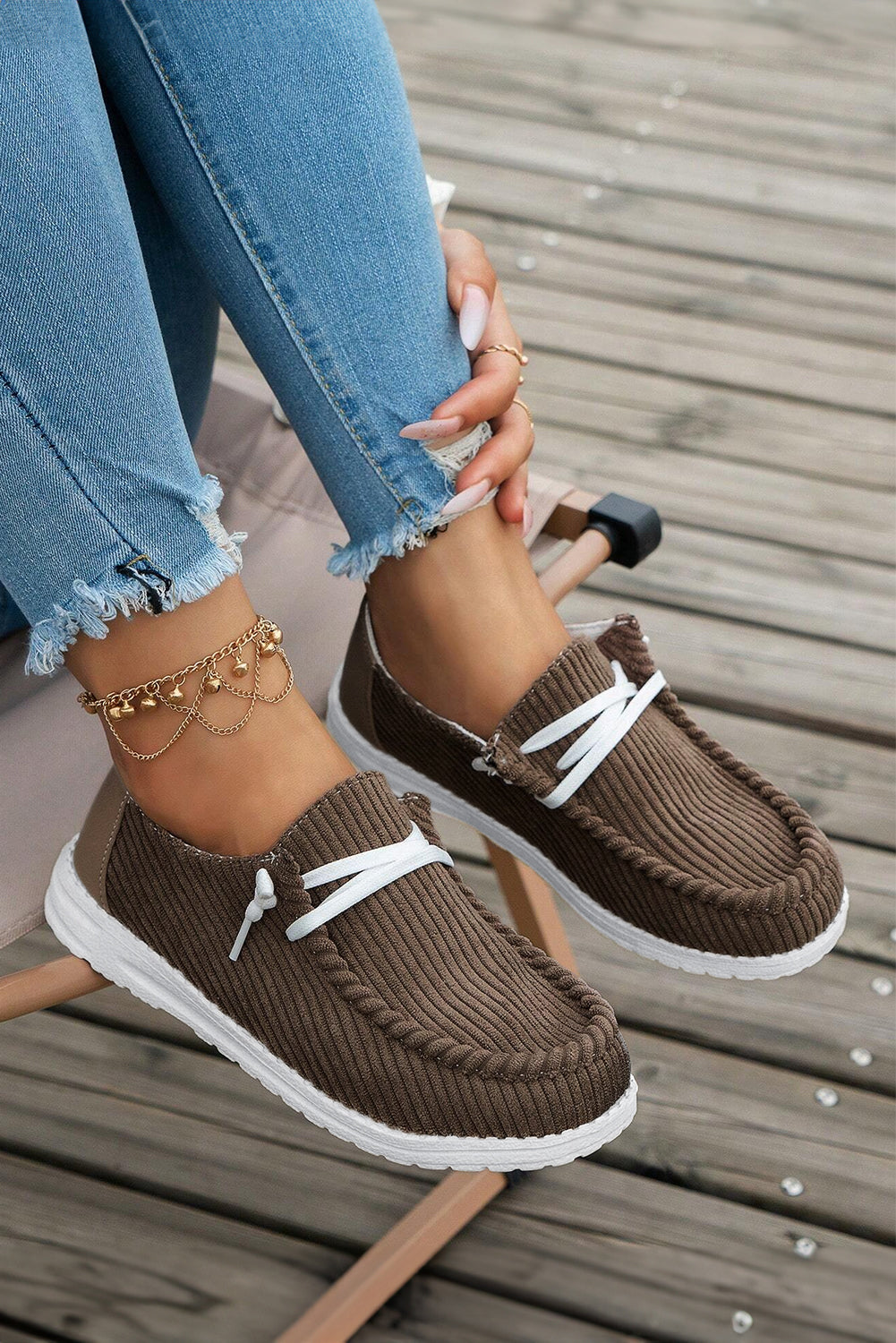 Coffee Ribbed Criss-Cross Slip-On Casual Shoes