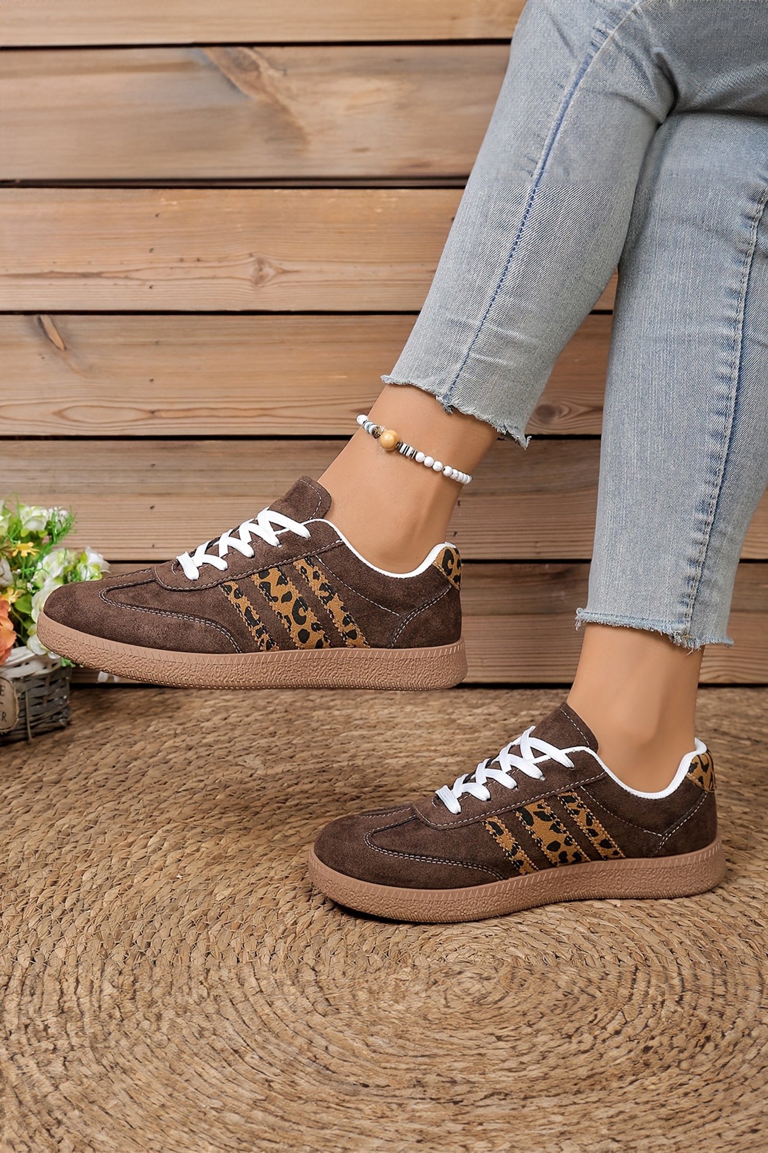 Coffee Leopard Patchwork Faux Suede Lace-Up Shoes
