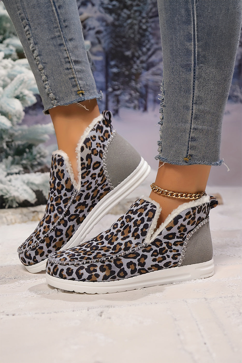 Dark Grey Leopard Print Ankle Fur Winter Boots