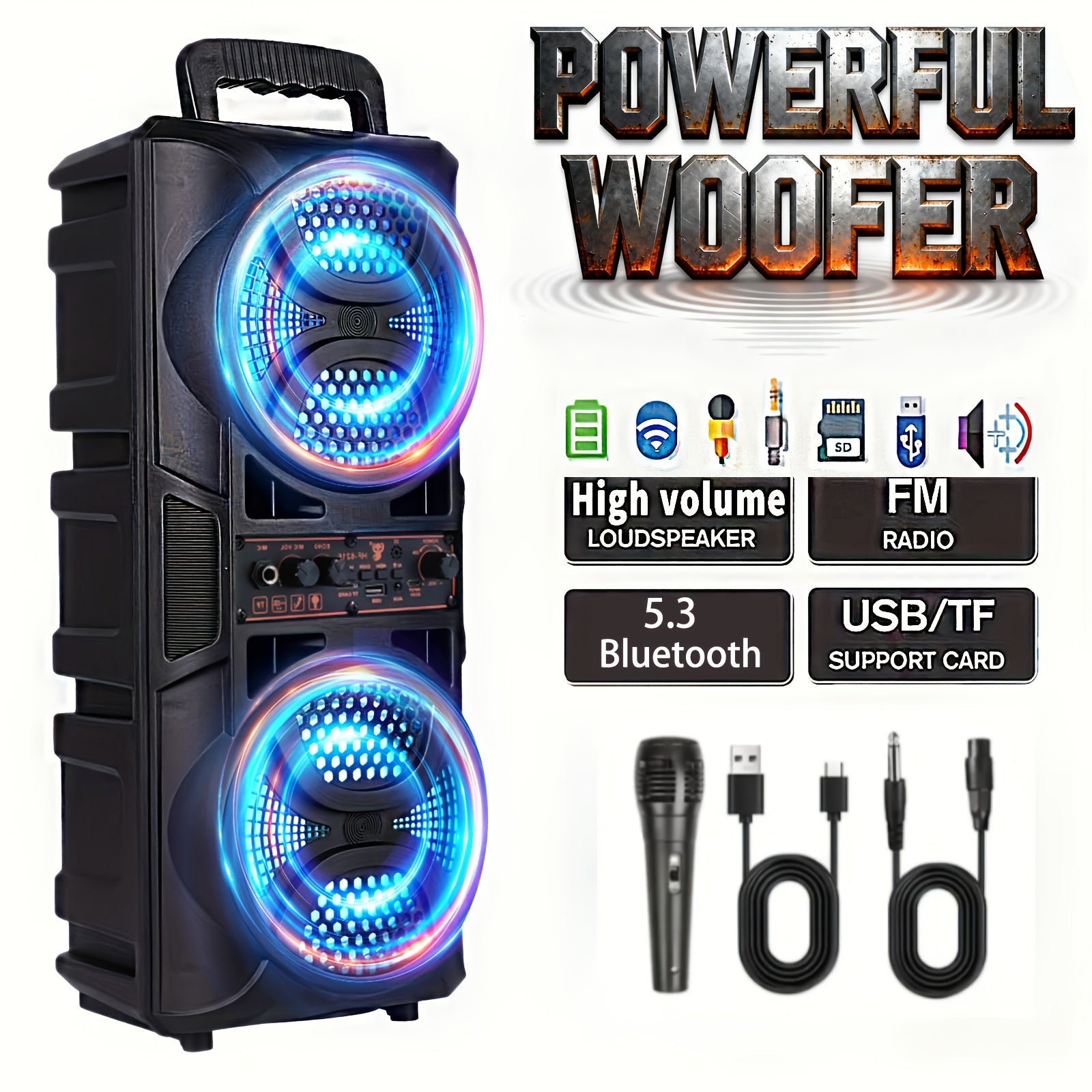 Portable Bluetooth Speaker with Subwoofer & Dual 6.5" LED Woofers