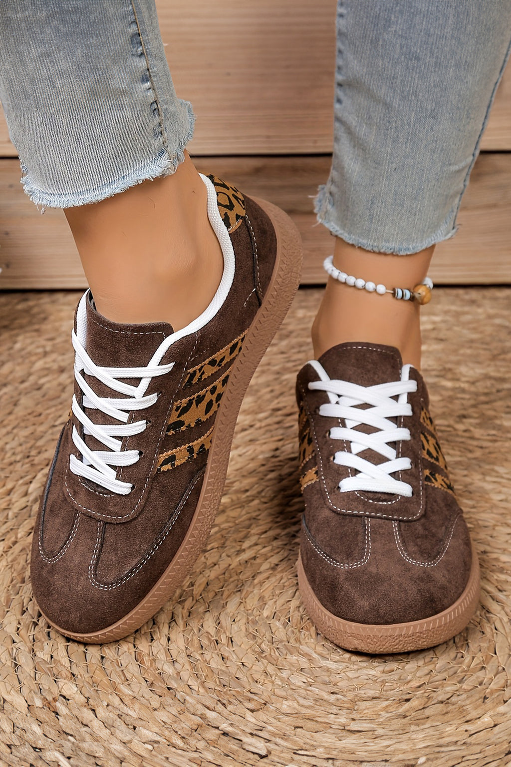 Coffee Leopard Patchwork Faux Suede Lace-Up Shoes