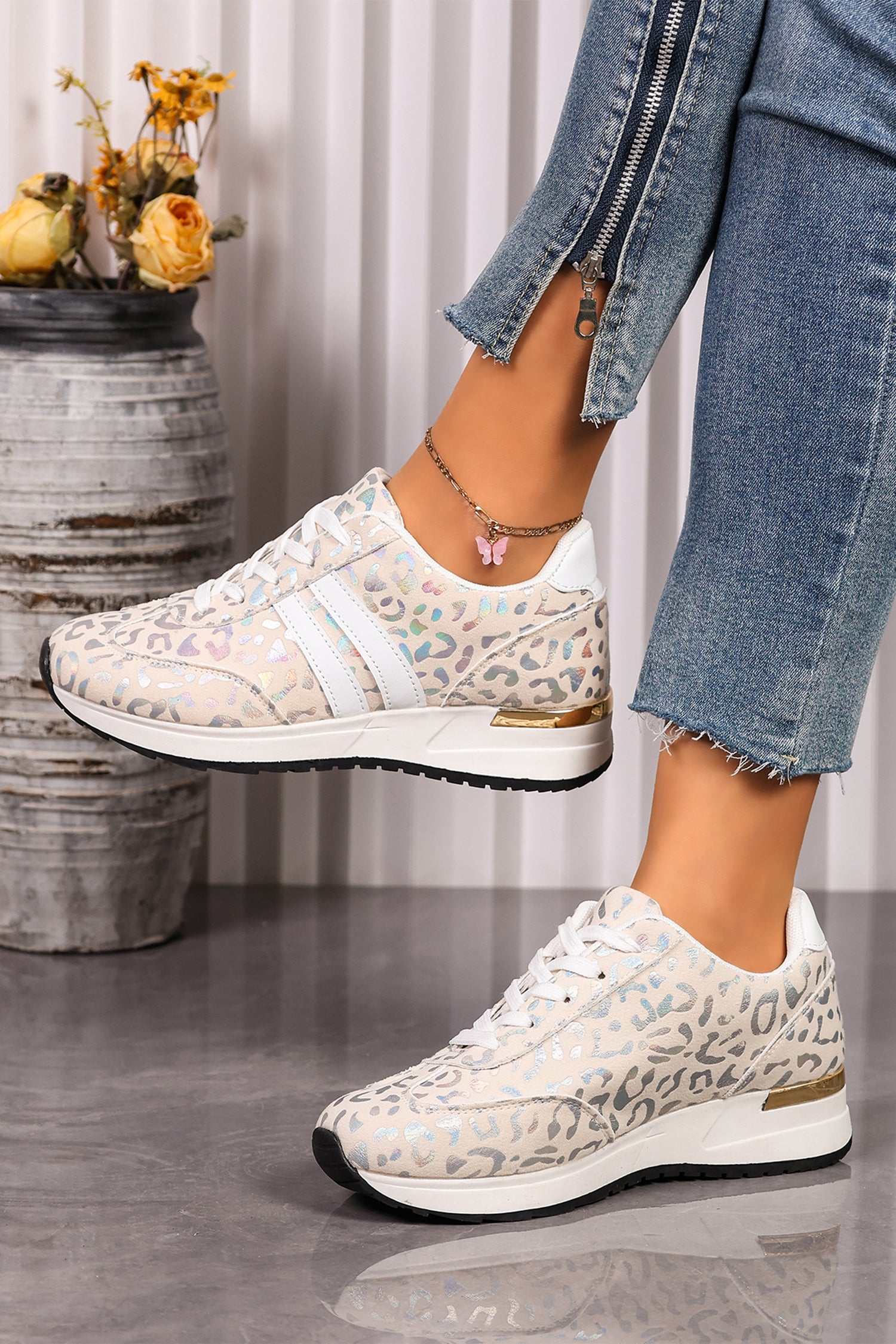 White Leopard Print Low-Top Sneakers