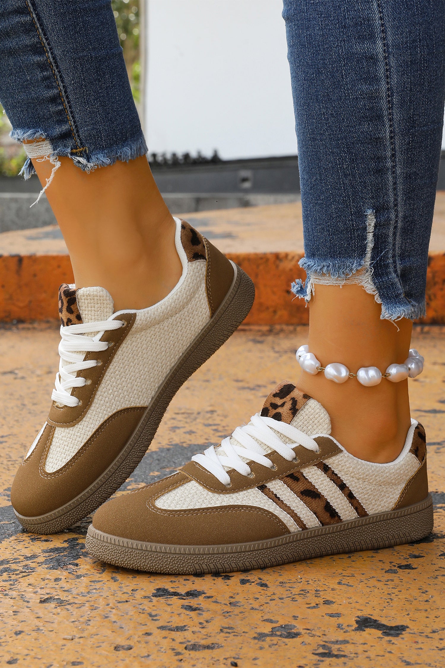 Coffee Leopard Color Block Lace-Up Flat Shoes