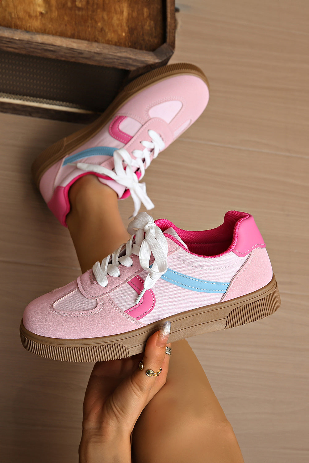 Rose Red Color Block Lace-Up Flat Shoes