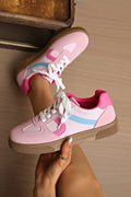 Rose Red Color Block Lace-Up Flat Shoes