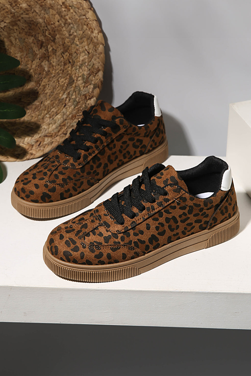 Coffee Leopard Print Contrast Lace-Up Shoes