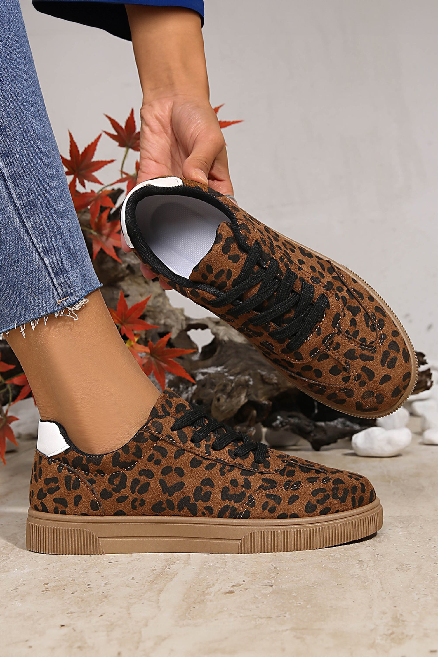 Coffee Leopard Print Contrast Lace-Up Shoes