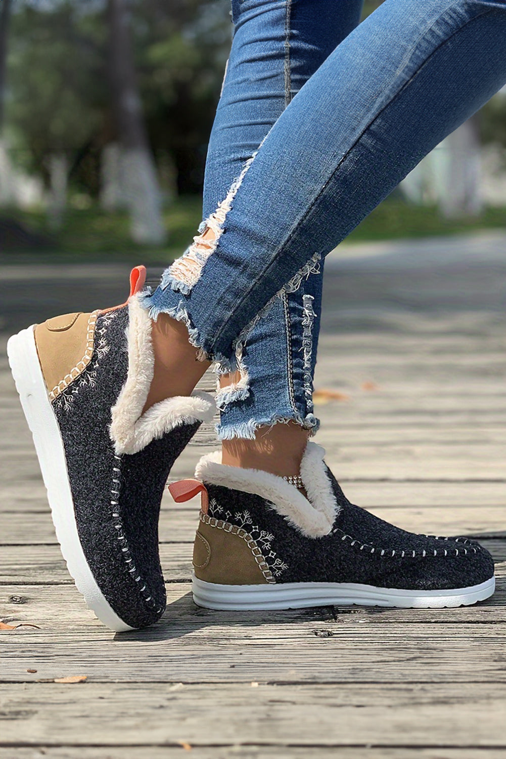 Carbon Grey Suede Patchwork Plush Lined Ankle Boots