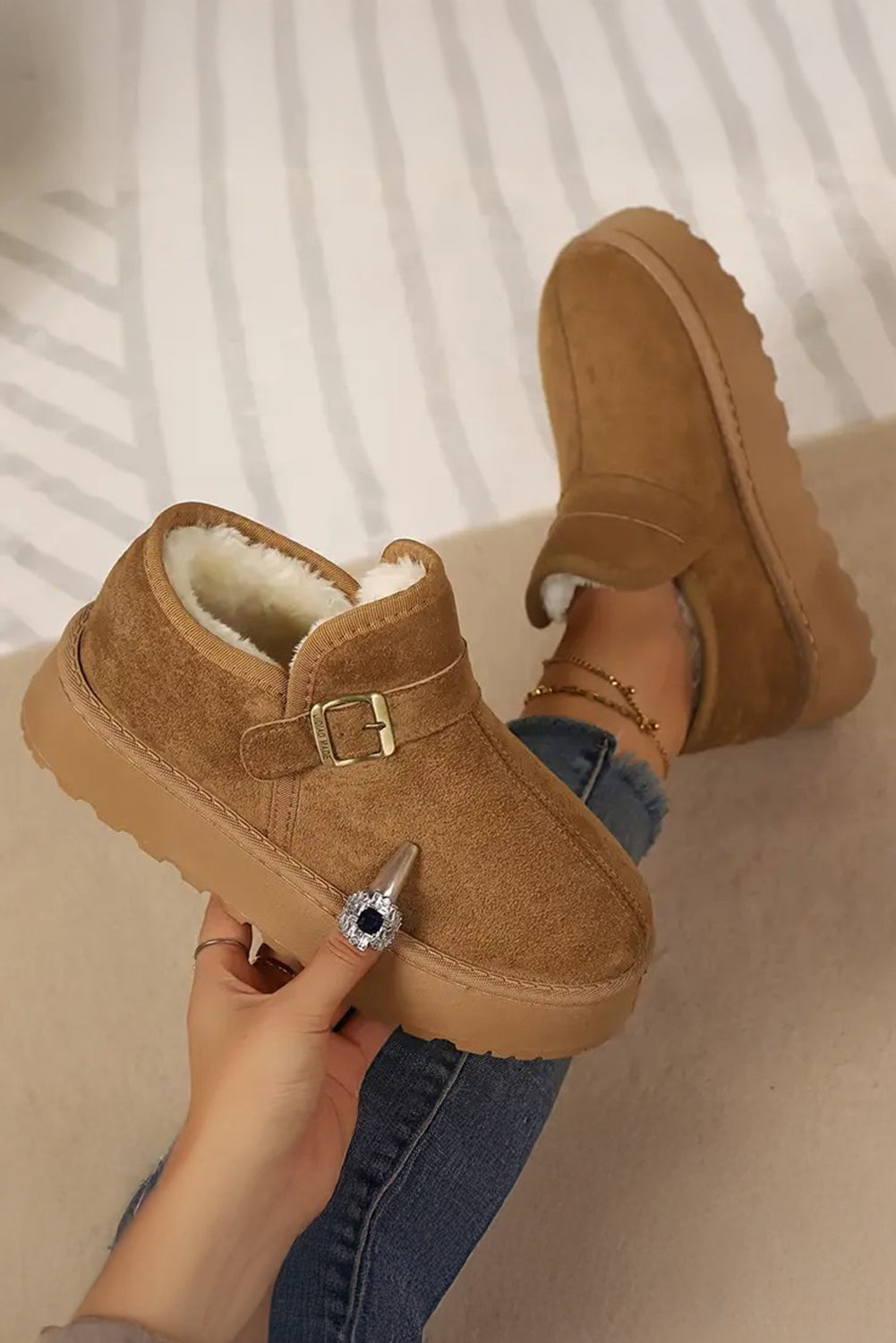 Coffee Buckle Platform Cozy Winter Boots