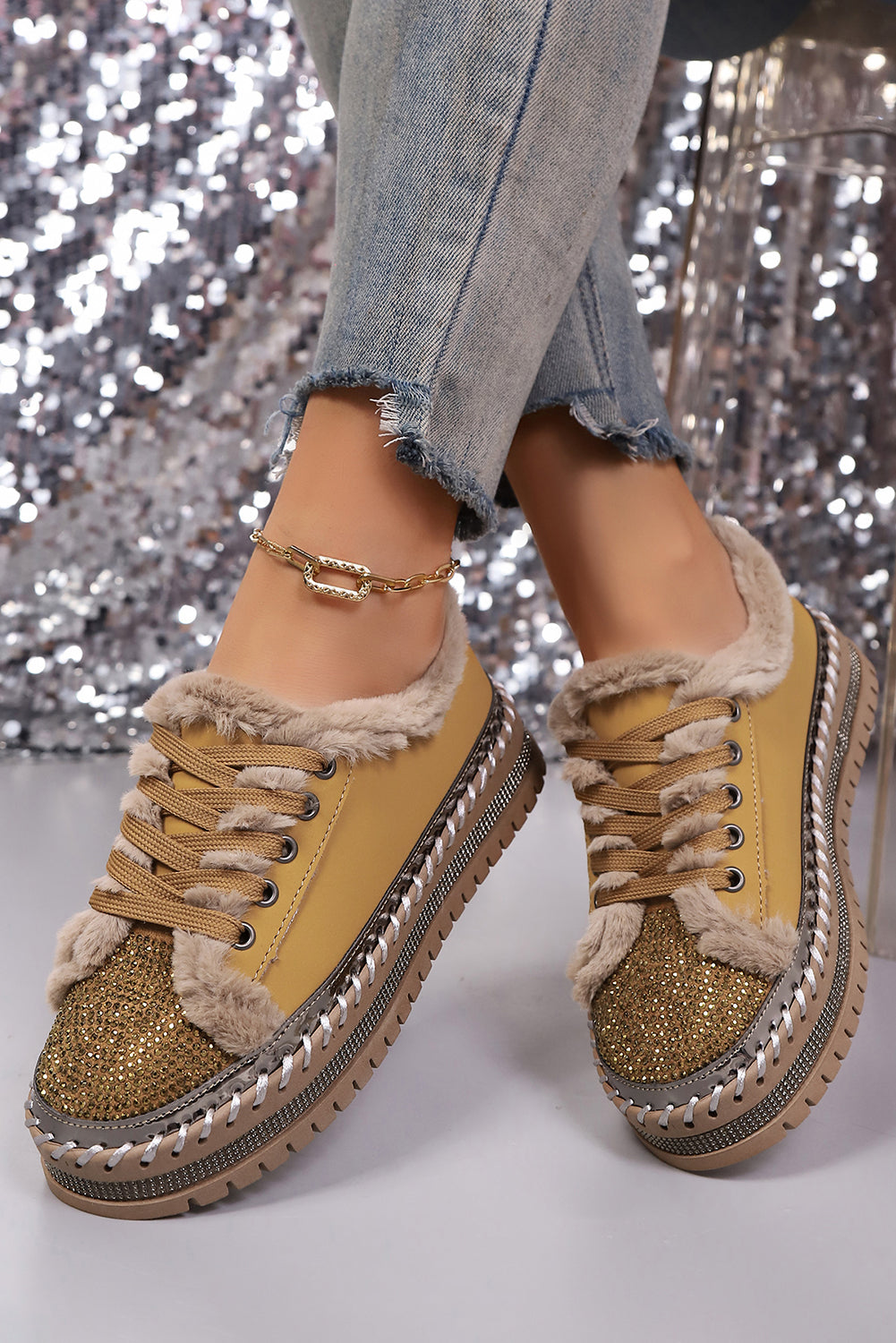 Tan Rhinestone Faux Fur Lining Lace-Up Flat Shoes