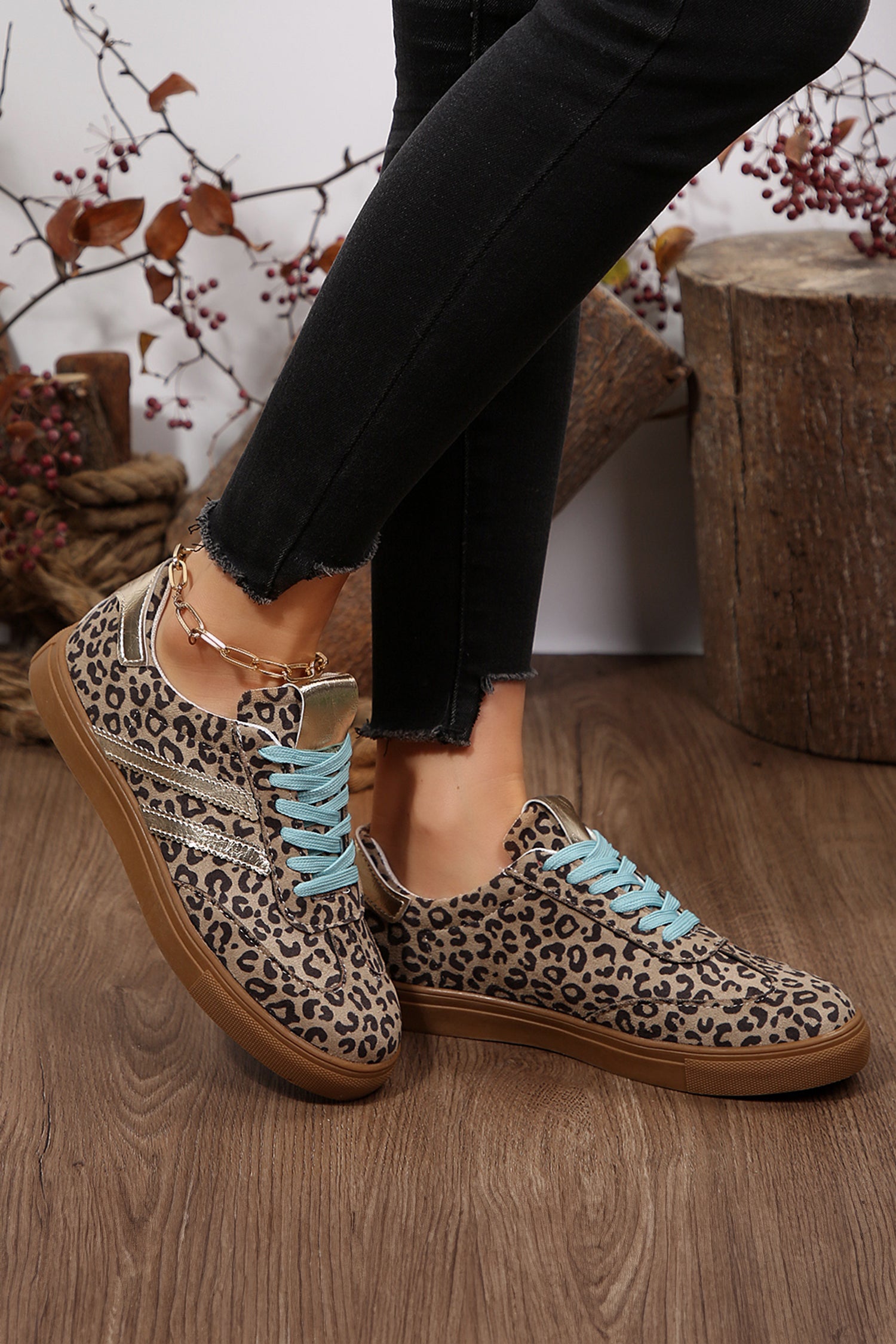 Coffee Leopard Print Faux Suede Lace-Up Sneakers