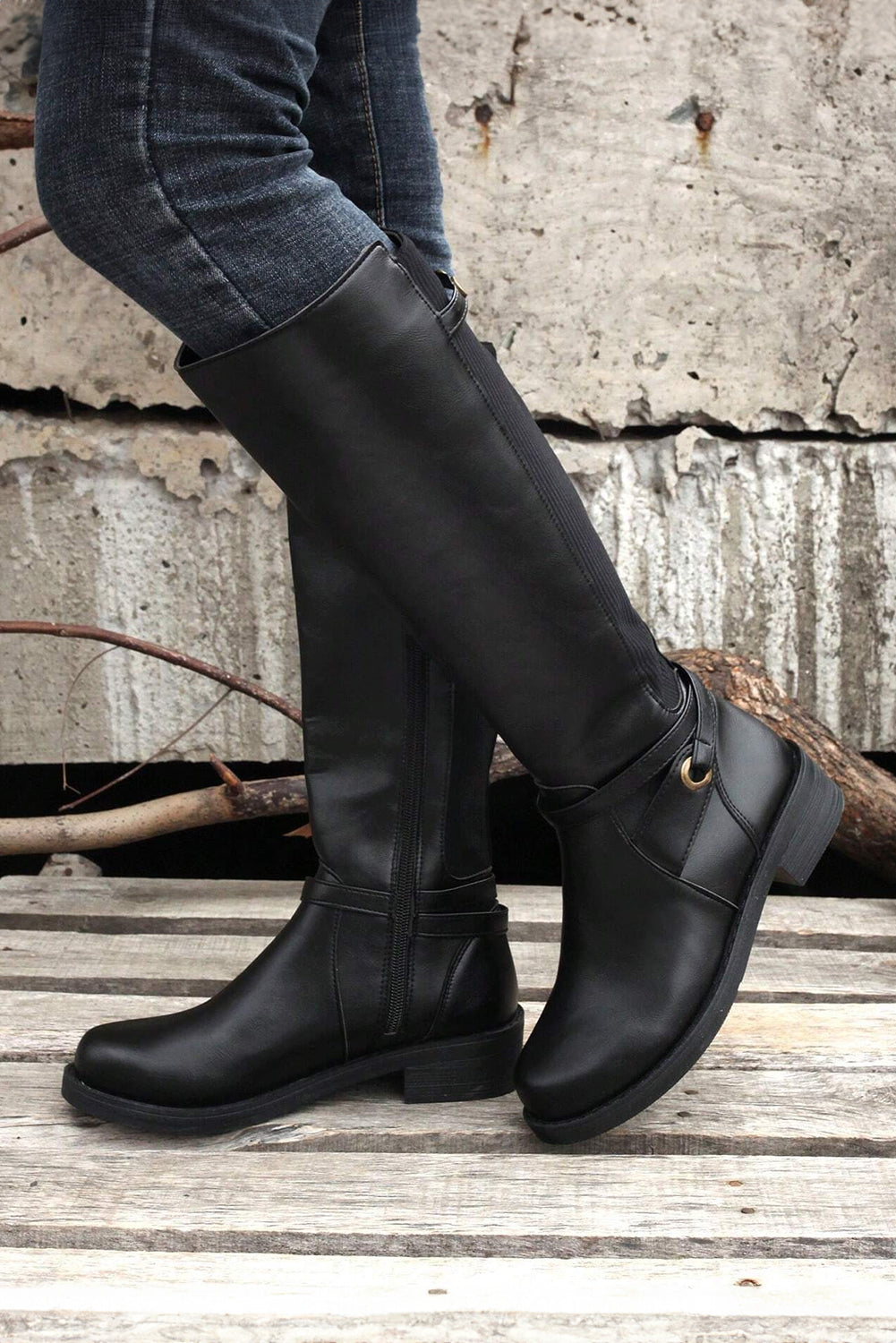Black Side Zipper Knee-High Chunky Heel Boots
