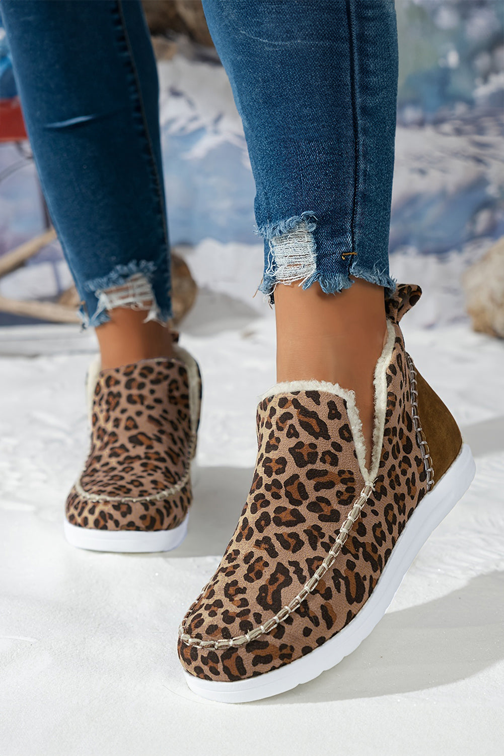 Dark Grey Leopard Print Ankle Fur Winter Boots