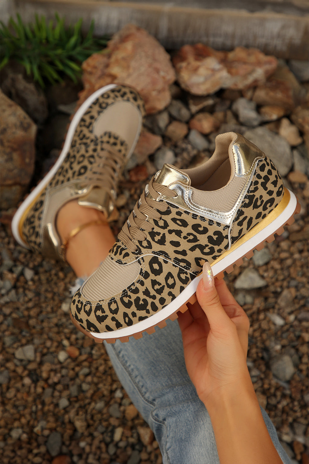 Coffee Leopard Faux Suede Patchwork Lace-Up Sneakers