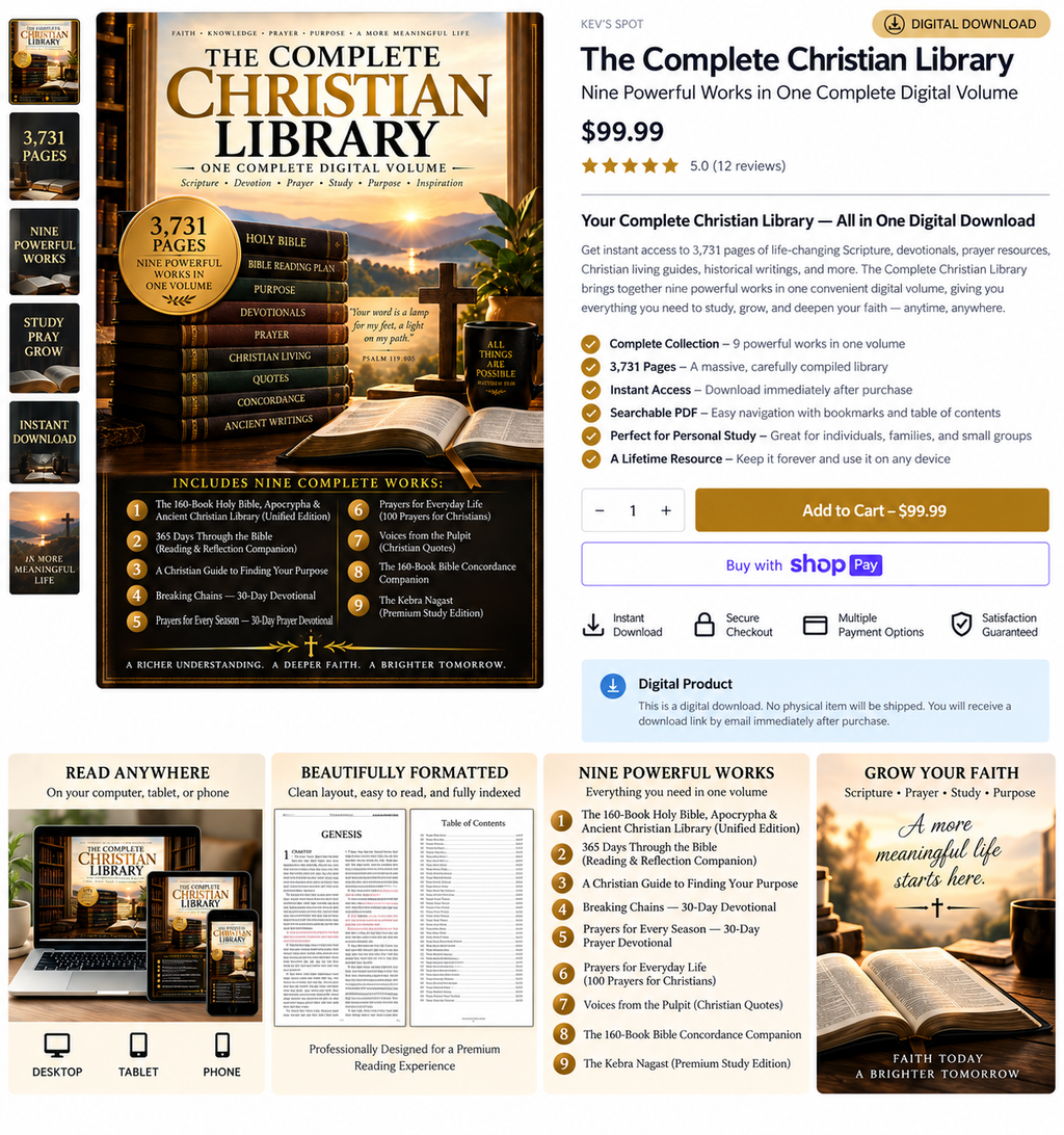 The Complete Christian Library ecommerce mockup showing features, sample pages, and the nine included works
