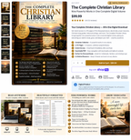 The Complete Christian Library ecommerce mockup showing features, sample pages, and the nine included works